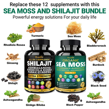 Bualle Organic Sea Moss for Women & Shilajit for Men – 12-in-1 Plant-Powered Wellness (120 Vegan Capsules)