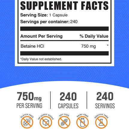BulkSupplements Betaine HCl Capsules 750mg – Gluten Free Digestive Support | Pack of 2, 480 Capsules