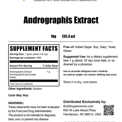 Andrographis Extract Powder - BulkSupplements, Andrographis Paniculata, 1g Serving, 1kg Pack