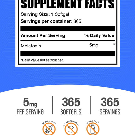 BulkSupplements Melatonin 5 mg Softgels – Sleep Support for Adults, 5 mg per Serving, Gluten Free, 365 Count (Pack of 2)
