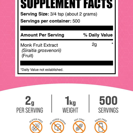 BulkSupplements Monk Fruit Extract Powder – Luo Han Guo, 1 kg, 500 Servings, Gluten Free, No Erythritol, 2 g/Serving