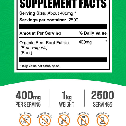 BulkSupplements Organic Beet Root Extract Powder – Beet Root Powder, Nitric Oxide Support, Vegan & Gluten Free, 400 mg per Serving, 1 kg