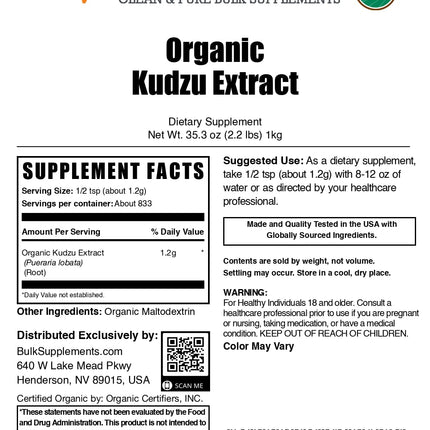 BulkSupplements.com Organic Kudzu Root Extract Powder – Kudzu Root Herbal Supplement, Gluten Free, 1kg (Pack of 1)