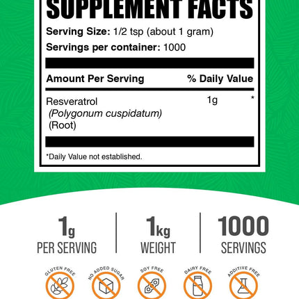 Resveratrol Powder - 1000mg per Serving, 1kg (2.2 lb) | BulkSupplements