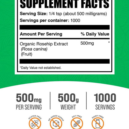 BulkSupplements Organic Rosehip Extract Powder – Rose Hips, 500mg/Serving, 500g (1.1 lbs) – Gluten Free