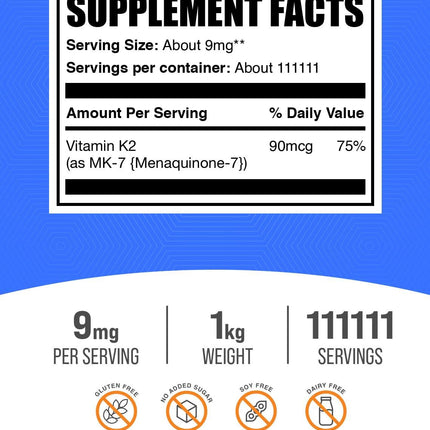 Vitamin K2 MK-7 Powder – 9 mg/Serving, 1kg | Gluten Free
