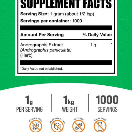 Andrographis Extract Powder - BulkSupplements, Andrographis Paniculata, 1g Serving, 1kg Pack