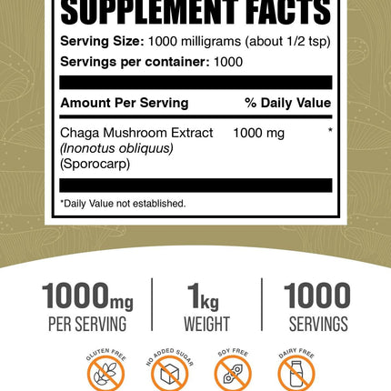 BulkSupplements.com Chaga Mushroom Extract Powder – Gluten Free, 1 g per Serving, 1 kg