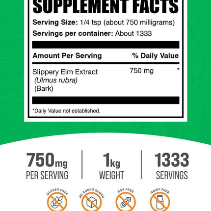 BulkSupplements Slippery Elm Bark Extract Powder – Gluten Free, 750 mg per Serving, 1 kg