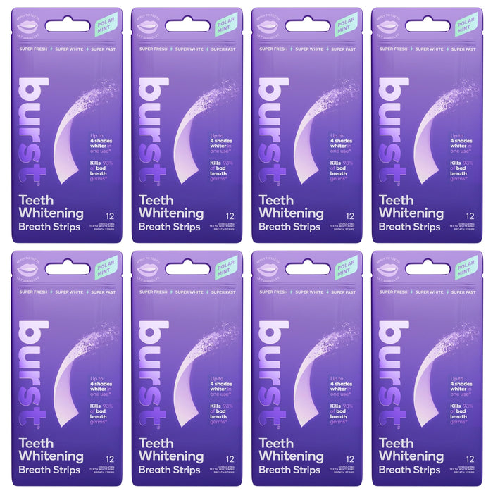 Burst Teeth Whitening Breath Strips Polar Mint (8 Pack) | Kills 93% of Bad Breath Germs | Up to 4 Shades Whiter