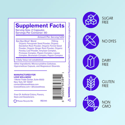 Love Wellness Bye Bye Bloat Digestive Enzymes | Bloating Relief for Women | 180 Count