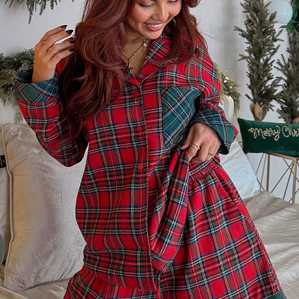 Red Plaid Contrast Patched Christmas Holiday Long Sleeve Shirt And Short 2pcs Pajama Set