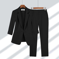 2pcs Casual Blazer Set Solid Color Lapel Single-breasted Jacket And Zipper Straight Pants Women's Office Business Suit