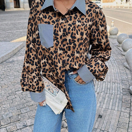 INS Leopard Striped Patchwork Shirt Fashion Casual Long-sleeved Button Lapel Top Women's Clothing