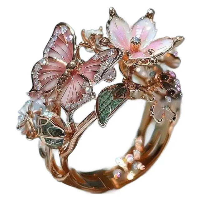 INS Flower Butterfly Ring With Rhinestones And Oil Dropping Design Fashion Personalized Jewelry For Women