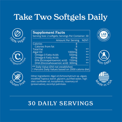Calgee Vegan Omega-3 450mg DHA + EPA from Algae | Carrageenan-Free Softgels (120 Ct)