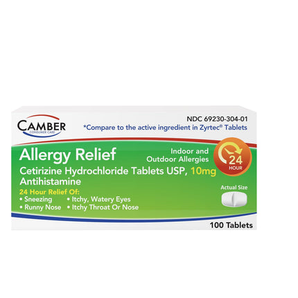 Camber Cetirizine HCI 10mg Tablets | 24-Hour Allergy Relief (100 Count) - CAMBER PHARMACEUTICALS