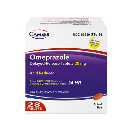 Camber Omeprazole 20mg Delayed-Release Tablets | 28-Count Heartburn Relief