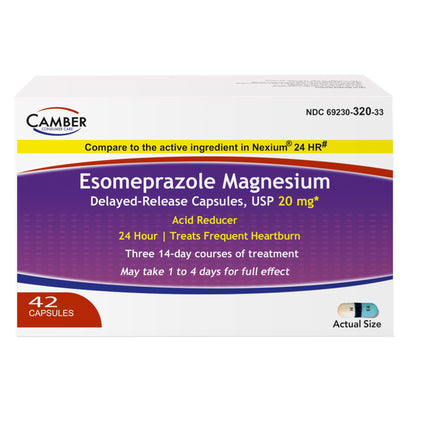Camber Esomeprazole Magnesium USP 20mg - Delayed-Release Heartburn Capsules (42 Count)