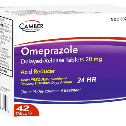 Camber Omeprazole 20mg Delayed-Release Tablets | Heartburn & Acid Reflux Relief (42 Count)