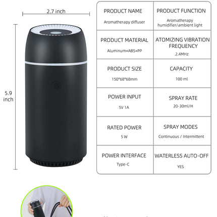 Car Diffuser for Essential Oils - Portable 100ml USB-C Ultrasonic Aromatherapy Diffuser with Colorful Lights (Black)