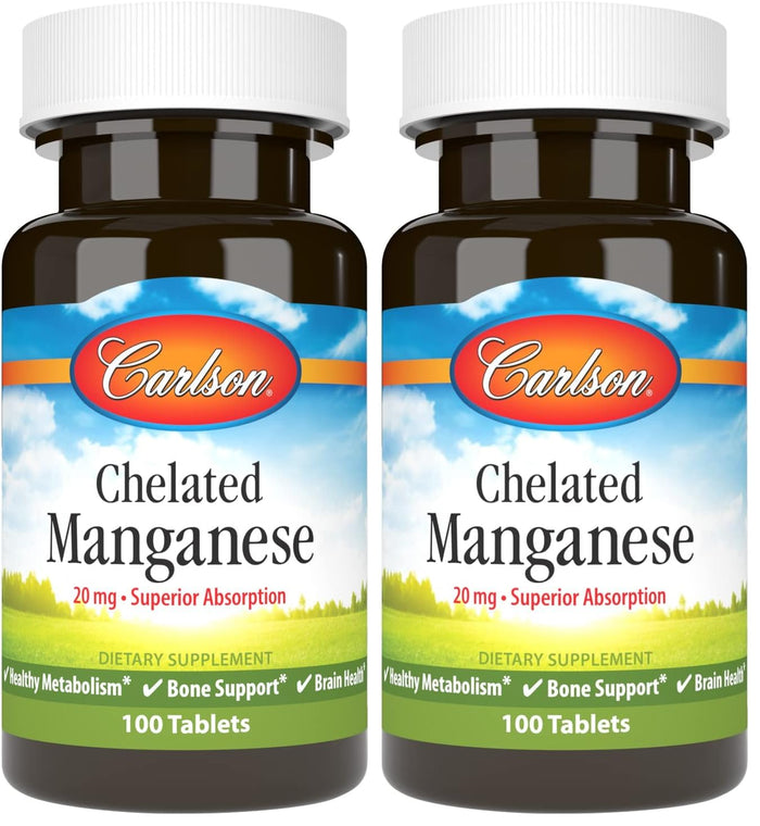 Carlson Chelated Manganese 20 mg | Superior Absorption | 100 Tablets (Pack of 2)