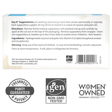 Carlson Key-E Suppositories - 30 IU Vitamin E, Moisturizing Vaginal & Rectal Use, 12 Count