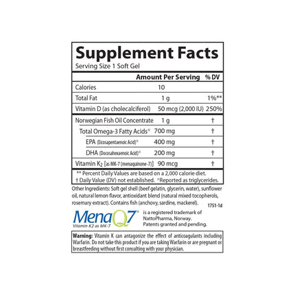 Carlson Elite Omega-3 Plus D & K – 700 mg Omega-3s, D3 & K2, Lemon, 60 Softgels