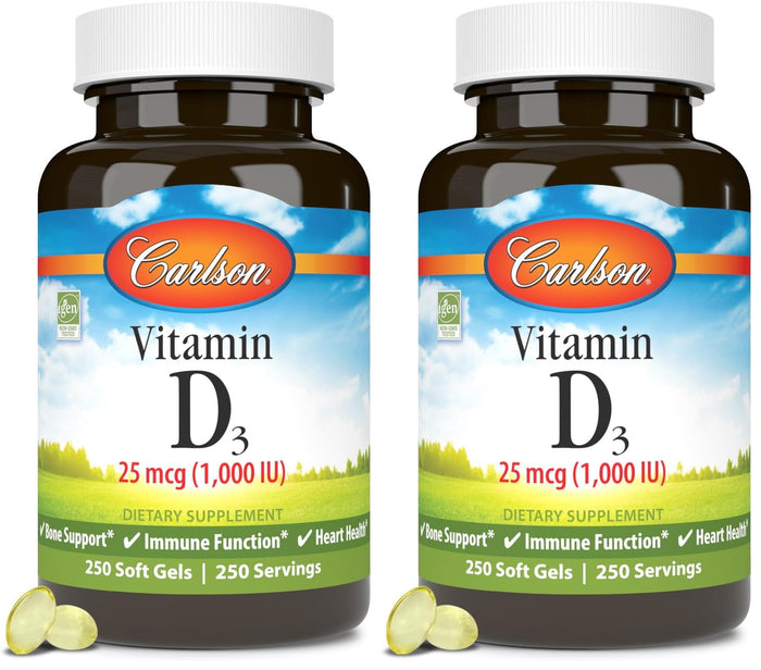 Carlson Vitamin D3 1000 IU Soft Gels – Bone & Muscle Health (2-Pack, 250 Softgels Each)