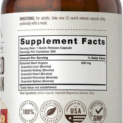 Carlyle Grass Fed Beef Organ Complex - 200 Capsules | Pasture Raised, Non-GMO | Herbage Farmstead