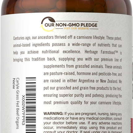 Carlyle Grass Fed Beef Organ Complex - 200 Capsules | Pasture Raised, Non-GMO | Herbage Farmstead