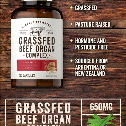 Carlyle Grass Fed Beef Organ Complex - 200 Capsules | Pasture Raised, Non-GMO | Herbage Farmstead