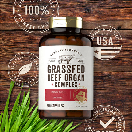 Carlyle Grass Fed Beef Organ Complex - 200 Capsules | Pasture Raised, Non-GMO | Herbage Farmstead