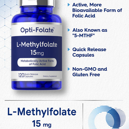 Carlyle L-Methylfolate 15mg - 120 Capsules | Non-GMO, Gluten Free | Opti-Folate