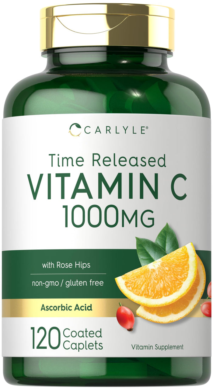 Carlyle Vitamin C 1000mg | Timed Release | 120 Vegetarian Caplets | Rose Hips | Non-GMO & Gluten Free