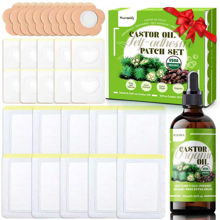 Castor Oil Patches Kit – Organic Cold-Pressed Castor Oil, 3.5oz Bottle + 30 Self-Adhesive Patches