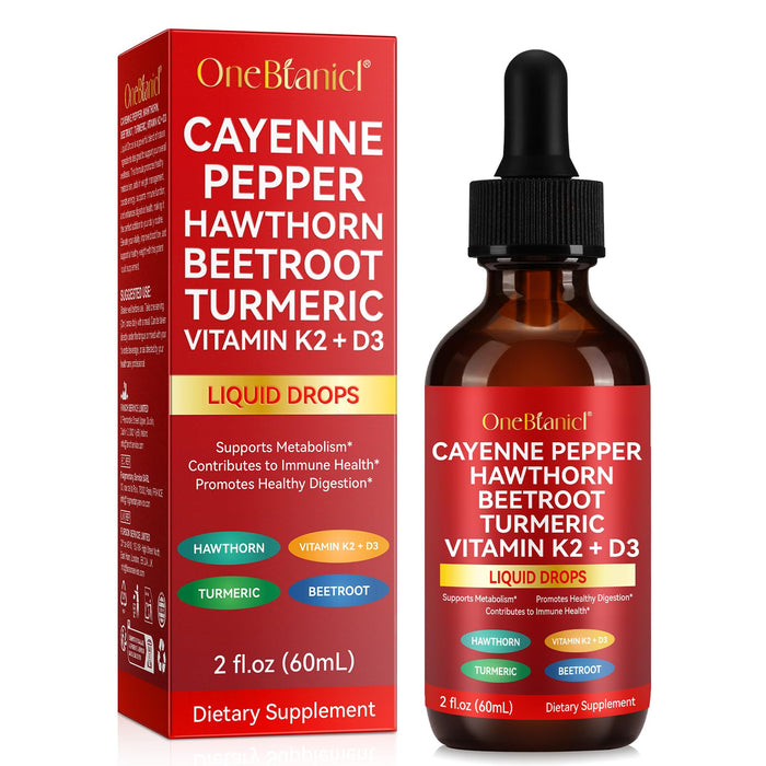 Cayenne Pepper Drops with Hawthorn Berry, Vitamin K2 D3, Beetroot & Turmeric | Vegan Health Supplement 60ml