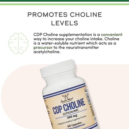 Double Wood Supplements CDP Choline (Citicoline) – Pharmaceutical Grade, Third-Party Tested, 60 Capsules per Bottle, Pack of 2