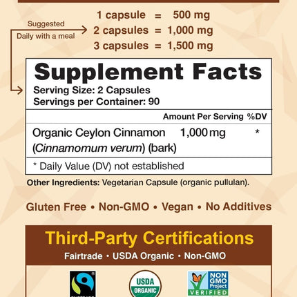 Ceylon Cinnamon Shop: Organic Ceylon Cinnamon Supplement, 180 Capsules (3 Month Supply)