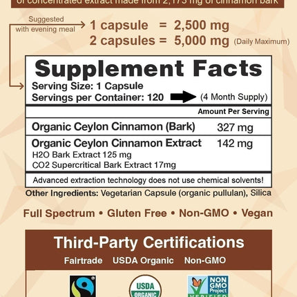 Ceylon Cinnamon Shop CinnaGuard Organic Cinnamon 2500mg – Extra Strength, 120 Count