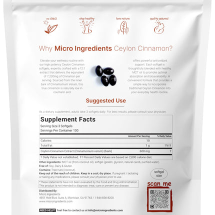 Ceylon Cinnamon Softgels with MCT Oil | 300 Count | Micro Ingredients