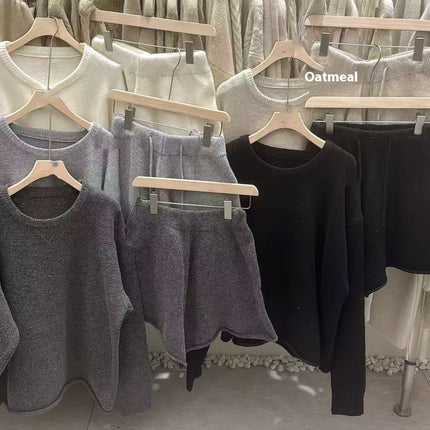 Loose-fitting Long Sleeve Sweater Knitted Wide Leg Shorts Two-piece Set