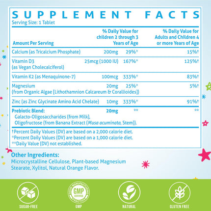 ChiQwench 500 mg Calcium + D3 & K2 with Zinc, Magnesium & Prebiotics – Orange Chewables for Kids’ Bone Health, Gluten Free, 120 Tabs