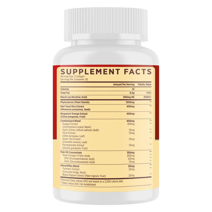 Cholesterol Supplements with Plant Sterols, Niacin, Red Yeast Rice, Bergamot, Omega-3 & Garlic - Advanced Absorption Formula - 90 Softgels