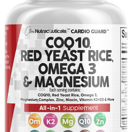 Clean Nutra CardioGuard: CoQ10 200mg + Red Yeast Rice | Omega-3, Mg, K2+D3
