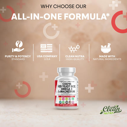 Clean Nutra CardioGuard: CoQ10 200mg + Red Yeast Rice | Omega-3, Mg, K2+D3