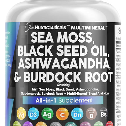 Clean Nutraceuticals Sea Moss & Black Seed Oil 15-in-1 with Ashwagandha, Turmeric, Vitamin C & D3