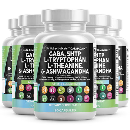 CalmAgain All-In-One Mood Support — Clean Nutraceuticals, GABA, L-Theanine, 5-HTP, Ashwagandha (90 Count, Pack of 5)