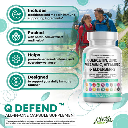 Clean Nutraceuticals Q-Defend Immune Blend: Quercetin, Zinc, Vitamin C & D, Bromelain & Elderberry for Lung Immune Support (60 Count Pack of 5)