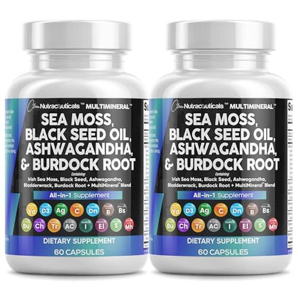 Clean Nutraceuticals 15-in-1 Sea Moss & Black Seed Oil 2-Pack | Ashwagandha Turmeric Blend